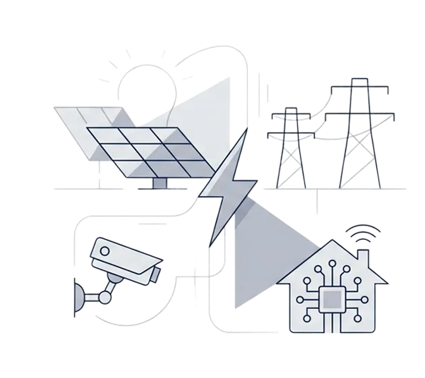 Electrical and power systems illustration showing solar panels, power lines, security camera, and smart home technology